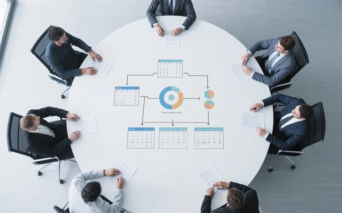 现代三国联合主办的会议桌与流程图意象